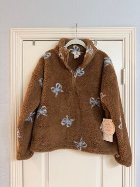 Women's Brown Teddy Pullover with Blue Butterfly Print - 1/4 Zip